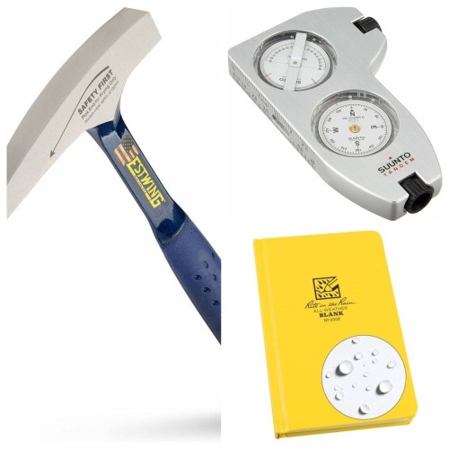 Marteau De Géologue, Lunettes, Loupe Et Boussole