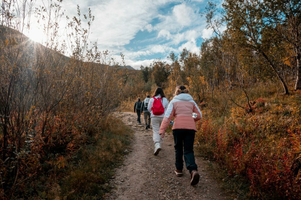 Parent randonnant en montagne avec un bébé installé dans un porte-bébé de randonnée sur sentier ensoleillé