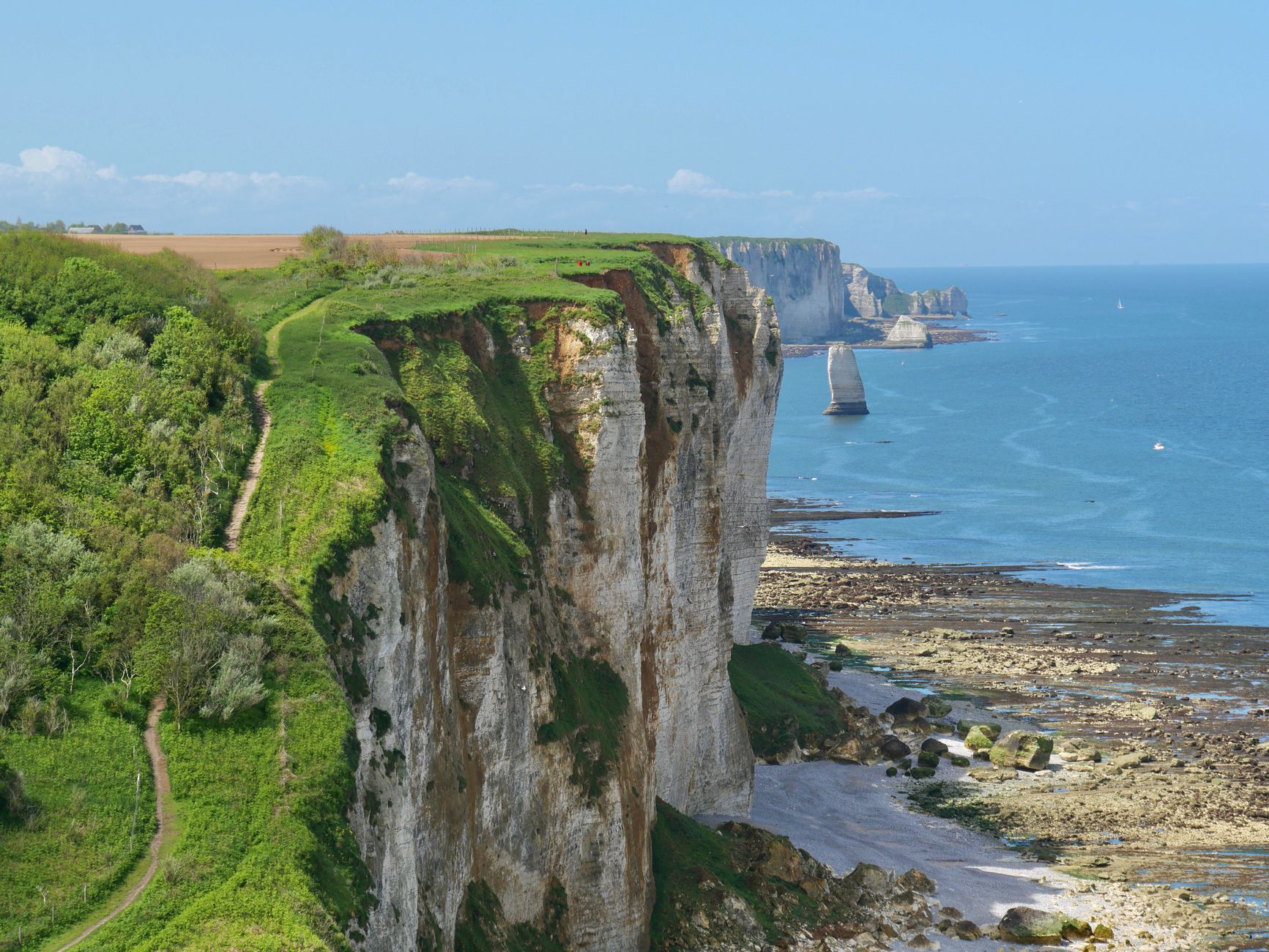 Falaises de craie normandes bordant un sentier de randonnée côtier avec vue panoramique sur la Manche