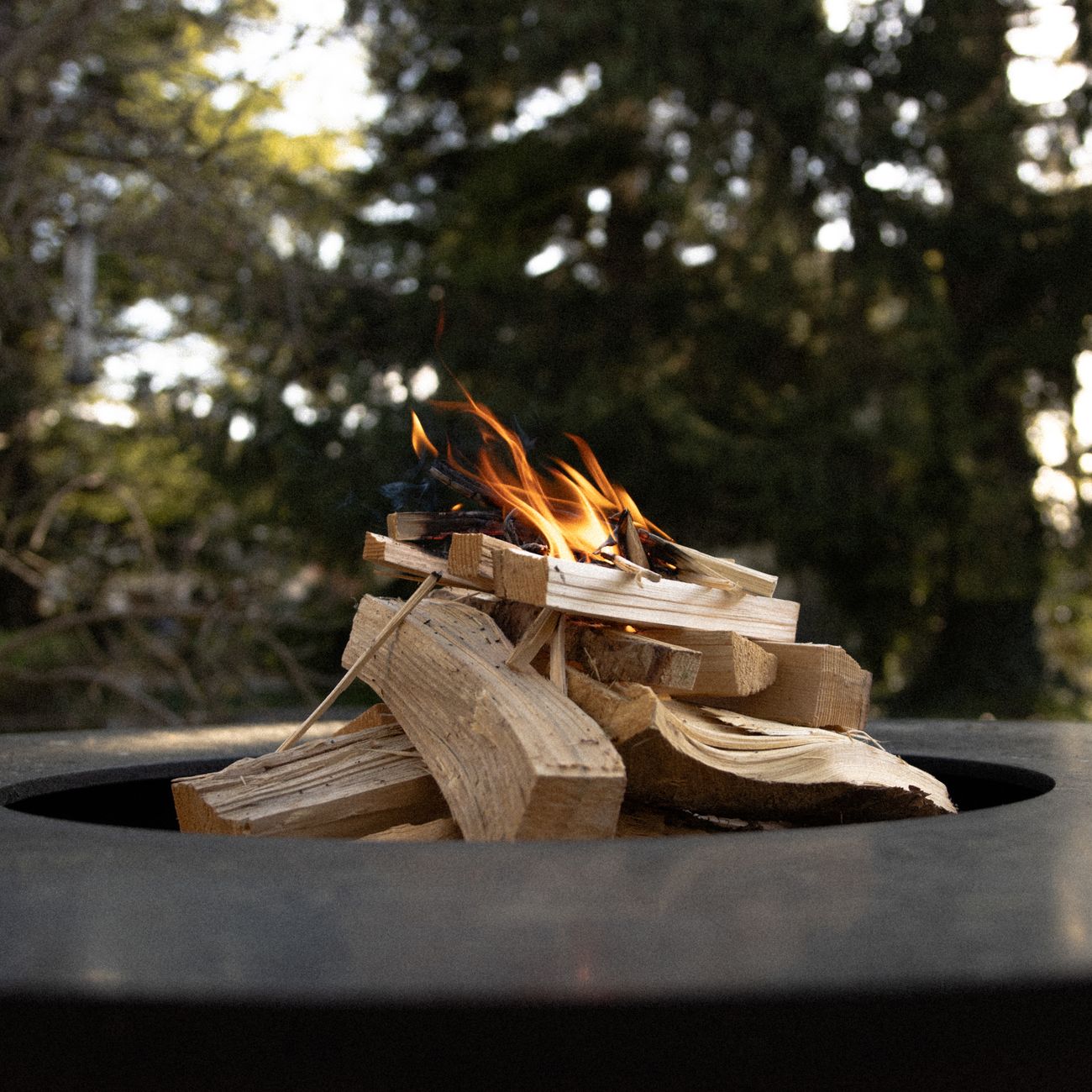 Gros plan sur un petit feu contenu dans un cercle de pierres, braises rougeoyantes et bois sec bien disposé