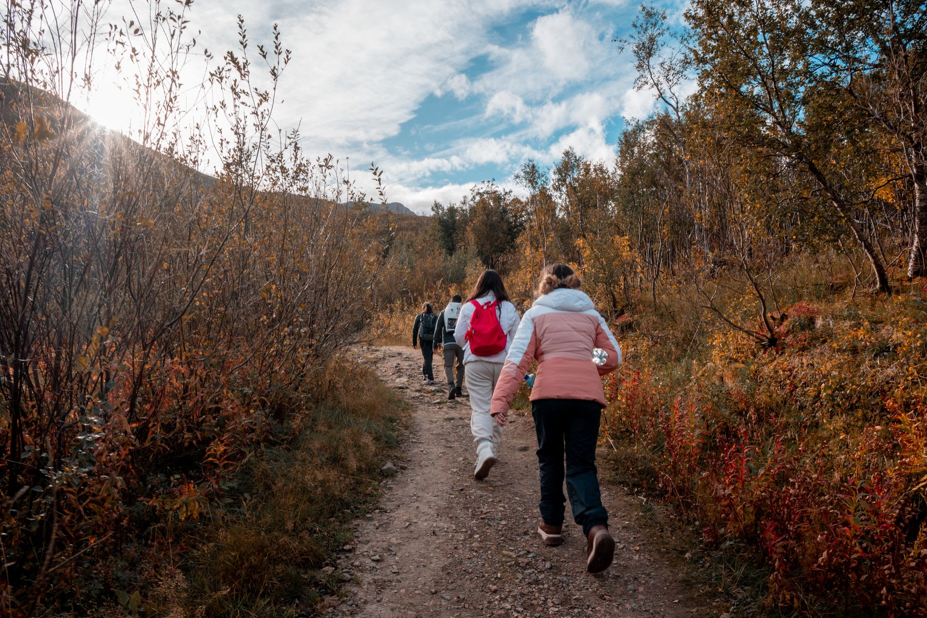 Famille marchant sur un sentier de montagne bordé de forêt, avec un jeune enfant porté par un parent